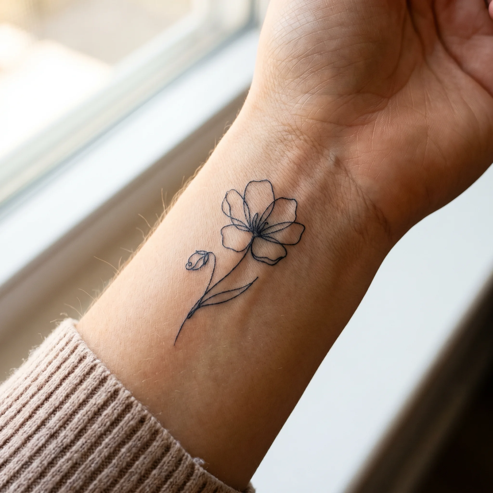 Bloom 04 minimal line flower tattoo on skin